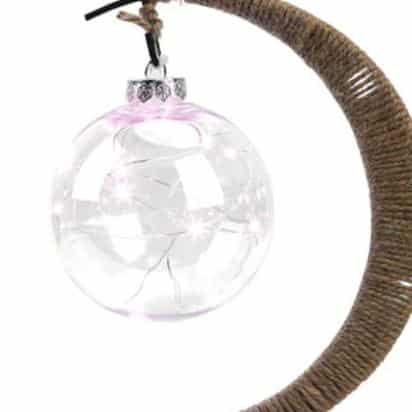 Woven hemp crescent moon lamp with a blush pink globe – close-up detail
