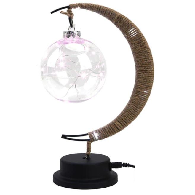Woven hemp crescent moon lamp with a blush pink globe – another view