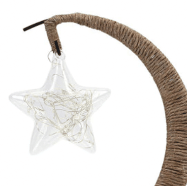USB woven hemp crescent moon lamp with a star-shaped bulb – close-up detail