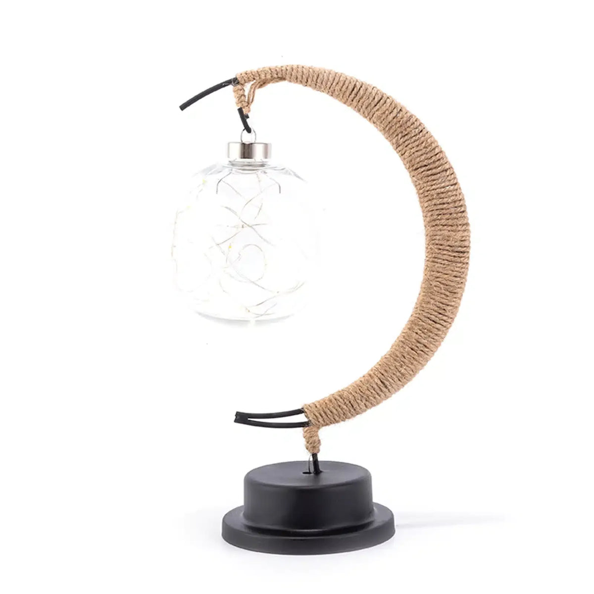 USB woven hemp crescent moon lamp in gold tones – another view