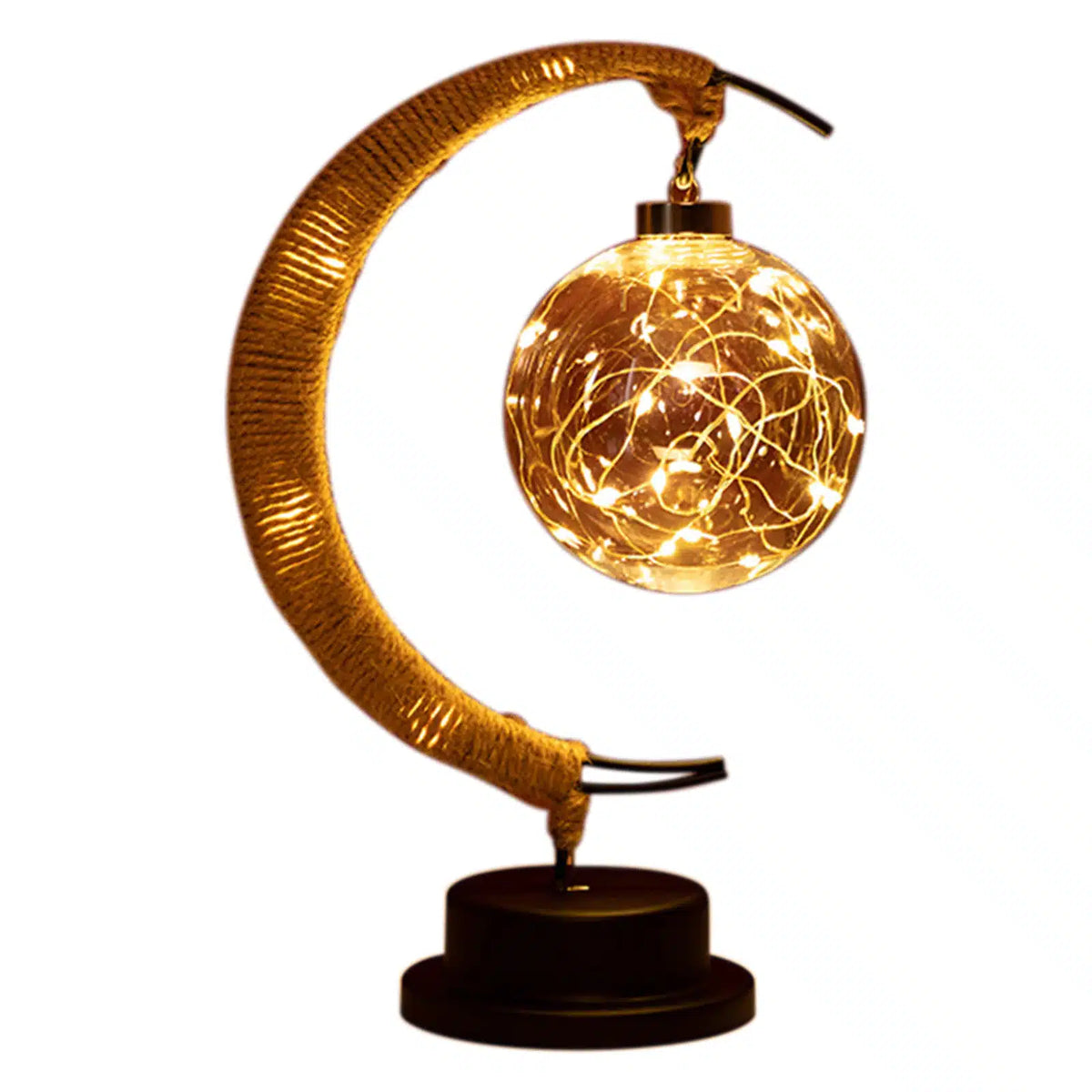 USB woven hemp crescent moon lamp in gold tones – shown lit (2)