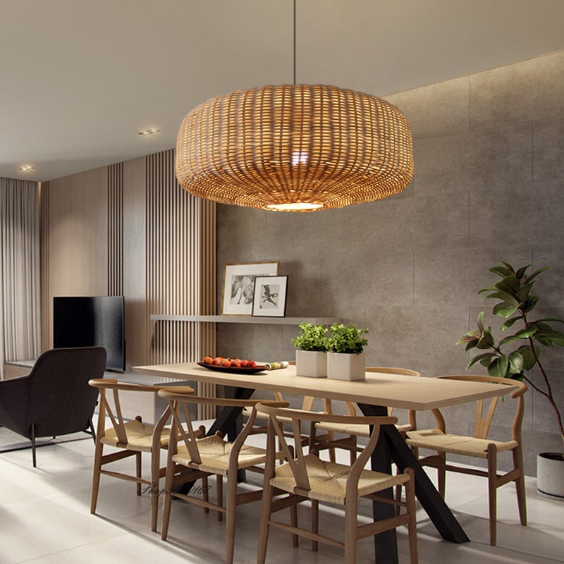 Chinese-style retro handmade rattan pendant light – shown in a room setting