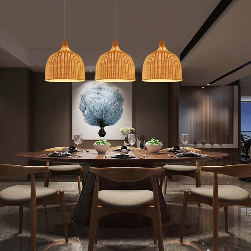 Japanese-style openwork rattan pendant light – shown lit in a room setting (2)