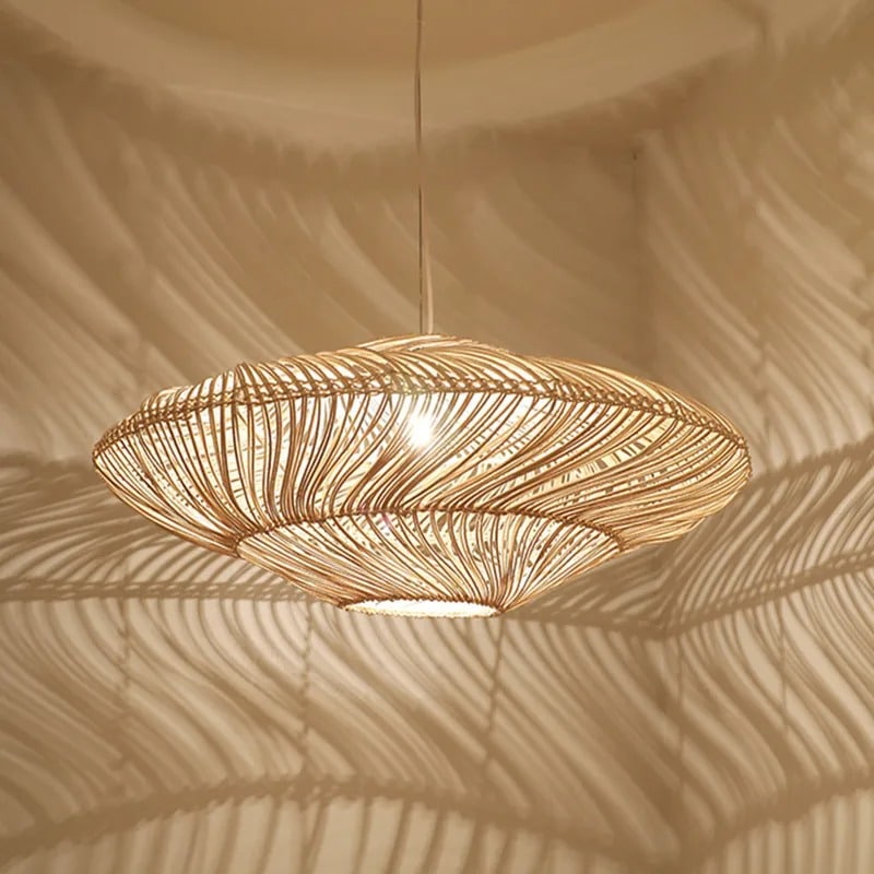 Chinese-style handwoven rattan lantern pendant light – shown in a room setting