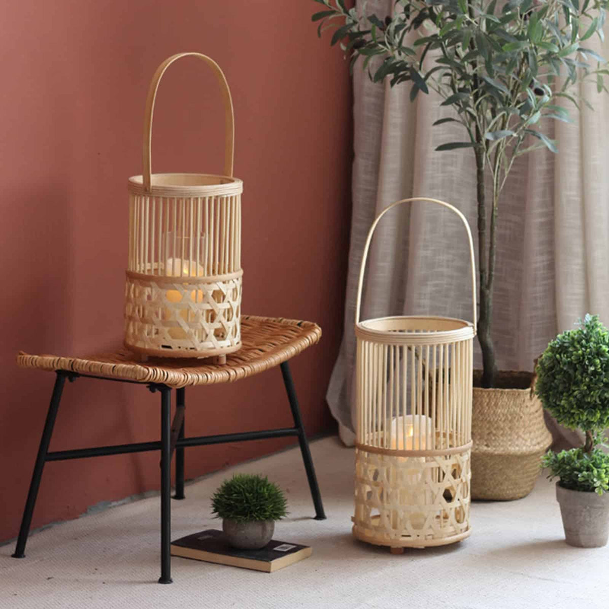 Hand-interlaced woven bamboo lantern – shown in a room setting