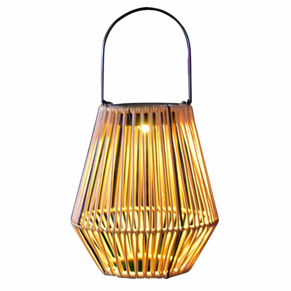 Waterproof solar rattan lantern in natural beige – shown lit