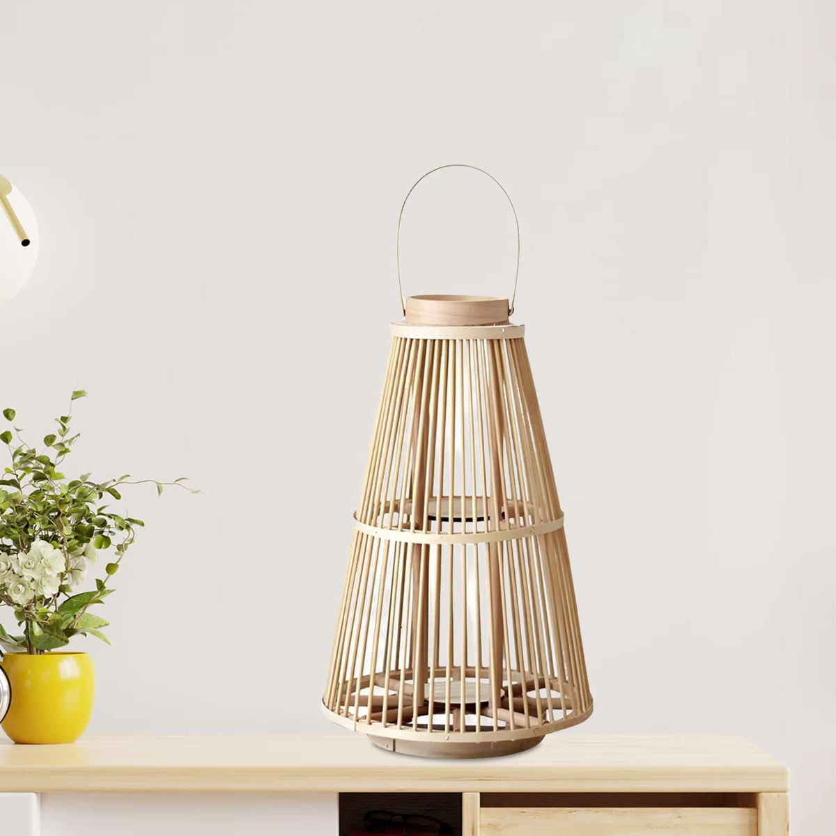 Retro handwoven bamboo candle lantern – shown in a room setting (2)