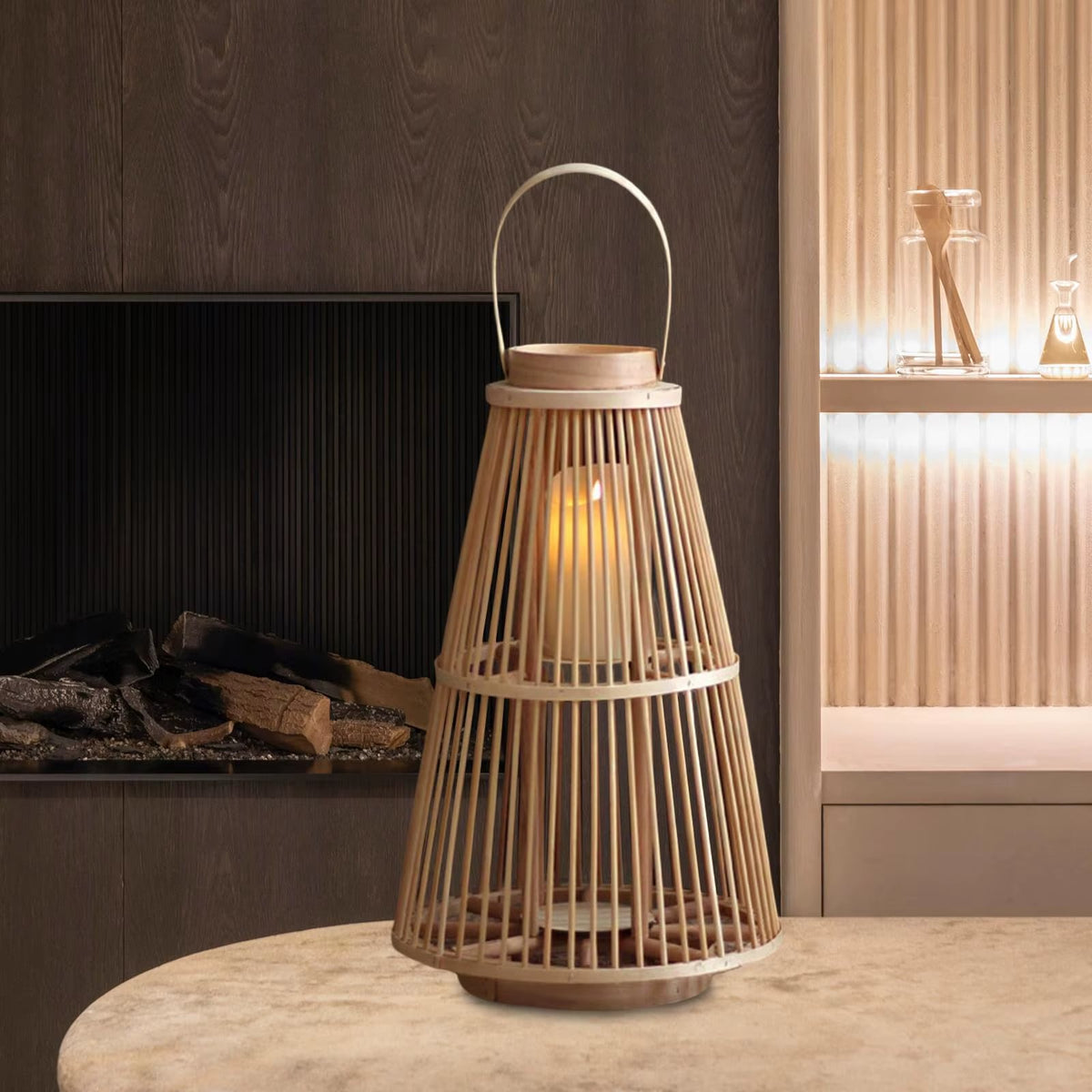 Retro handwoven bamboo candle lantern – shown in a room setting
