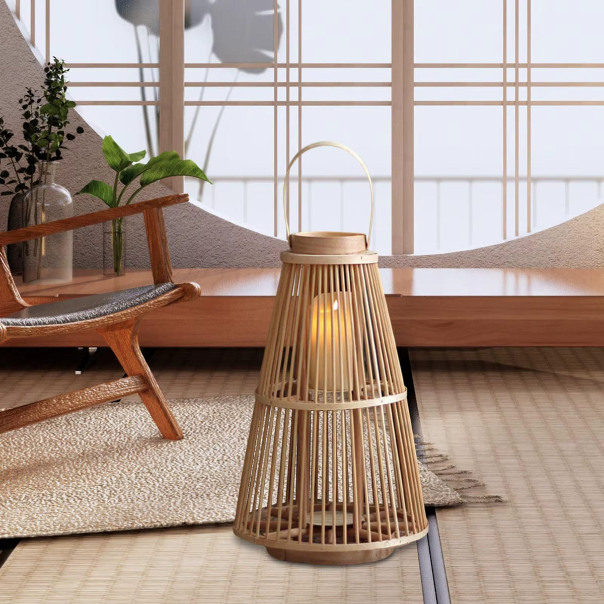 Retro handwoven bamboo candle lantern – shown in a room setting (3)