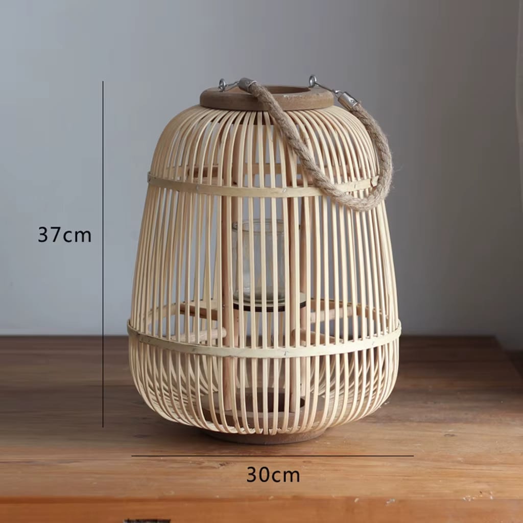 Vintage square woven bamboo lantern with an arched handle – dimensions diagram