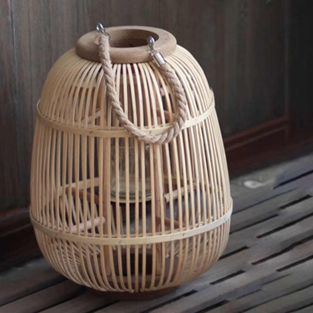 Vintage square woven bamboo lantern with an arched handle – another view