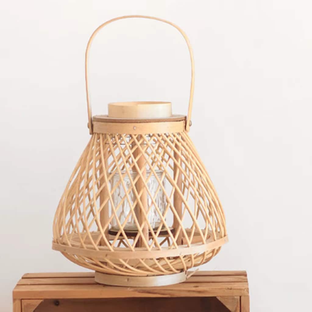 Handwoven bamboo lantern in beige and honey tones – another view