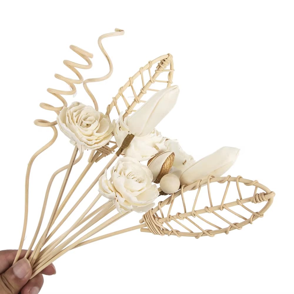 Set of twelve hand-braided rattan flowers – close-up detail