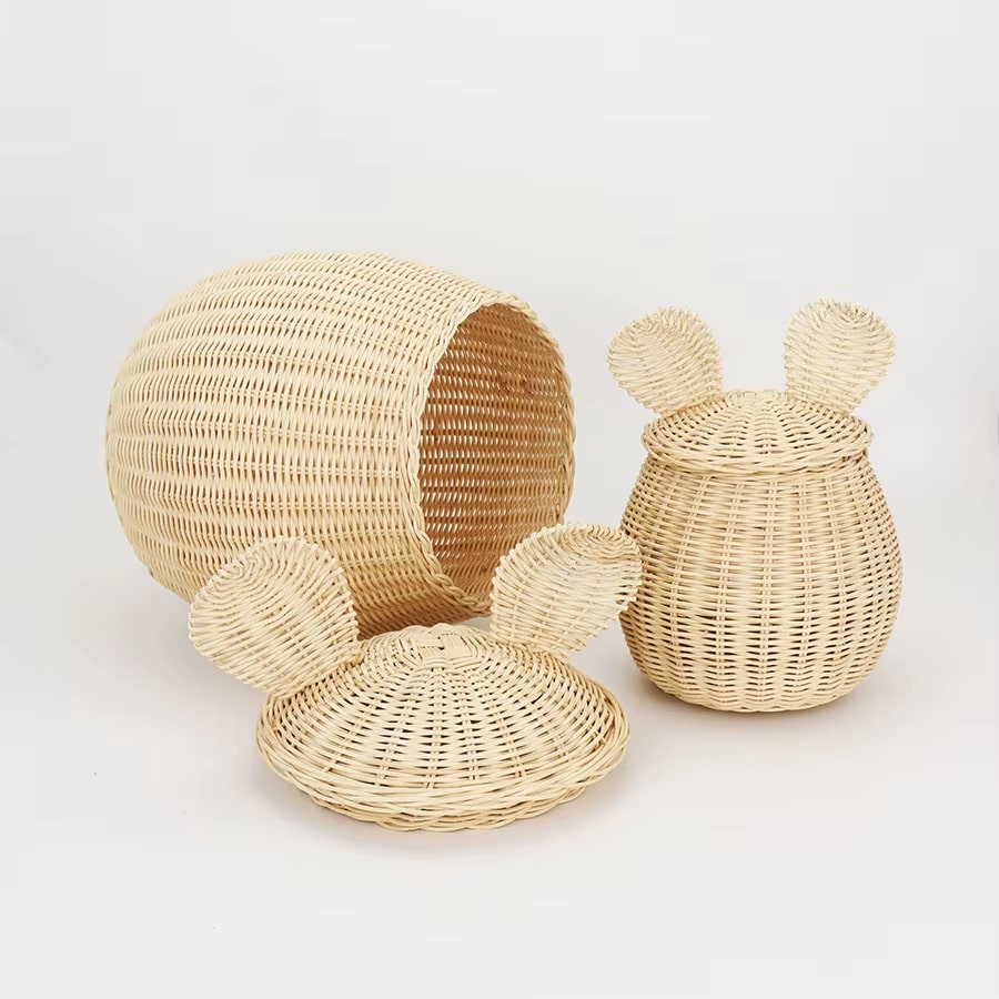 Set of two mouse-shaped rattan storage baskets with rounded ears – another view