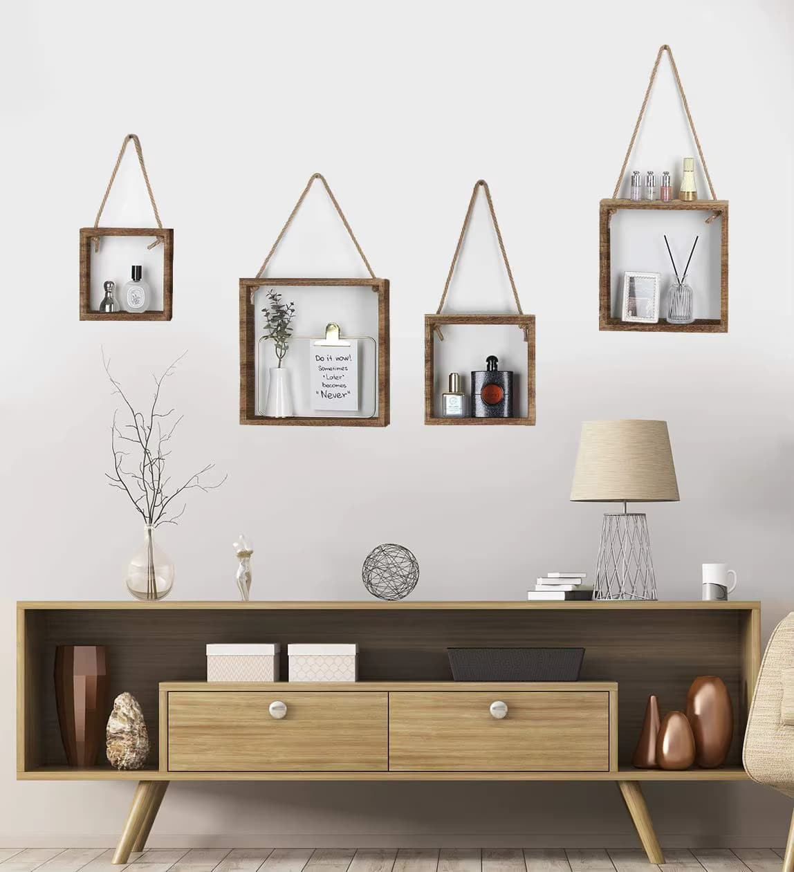 Set of four square wooden displays hung on natural rope – shown in a room setting (3)