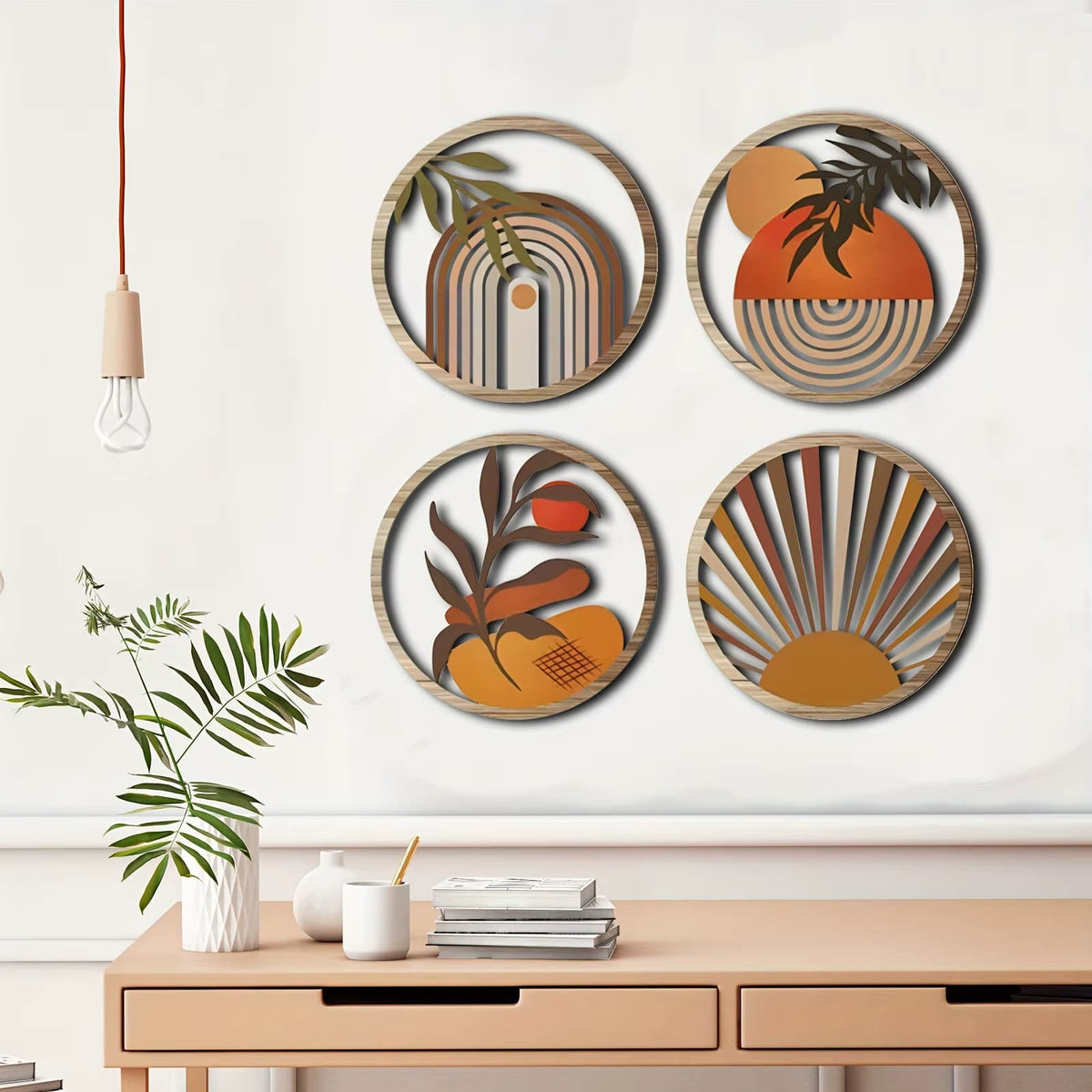 Set of four round wooden disc wall sculptures – shown in a room setting