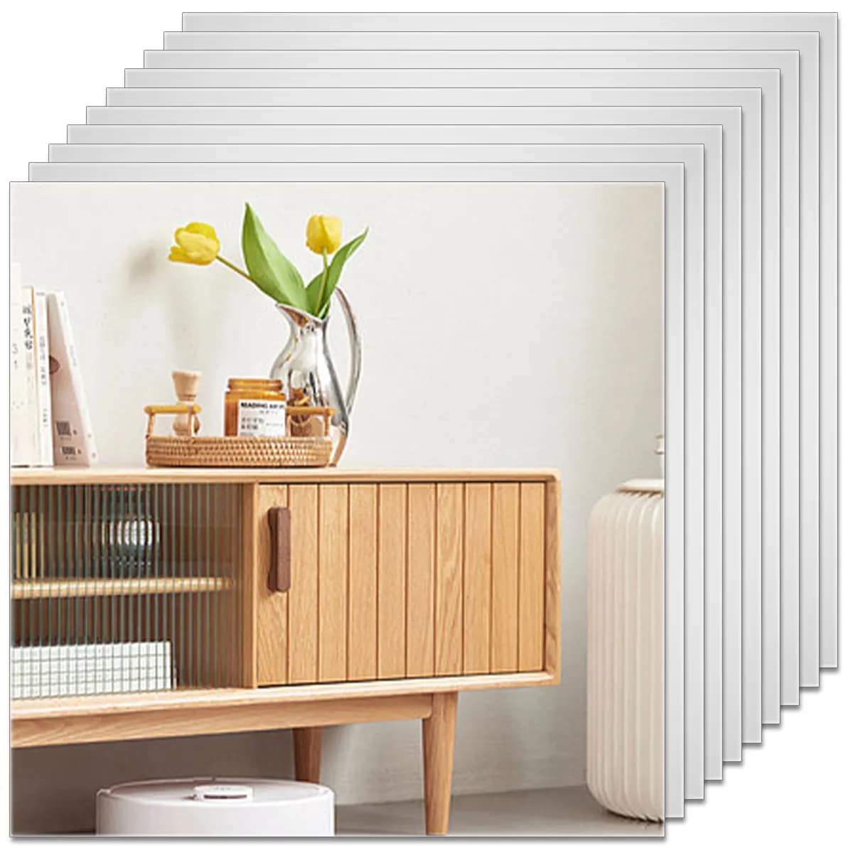 Set of ten flexible self-adhesive mirror sheets – shown in a room setting