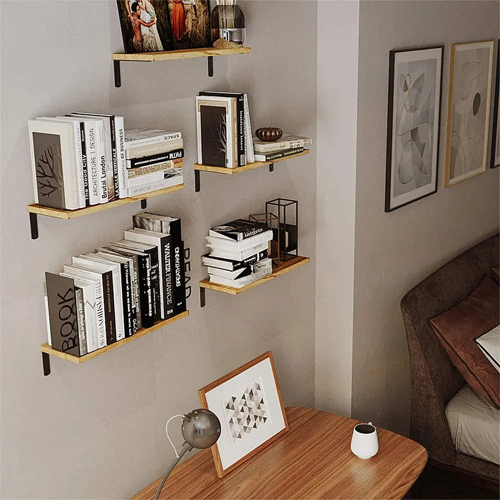 Set of four slim floating wood shelves in warm beige – shown in a room setting