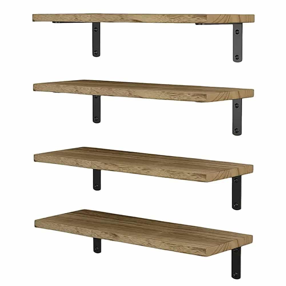 Set of four slim floating wood shelves in warm beige