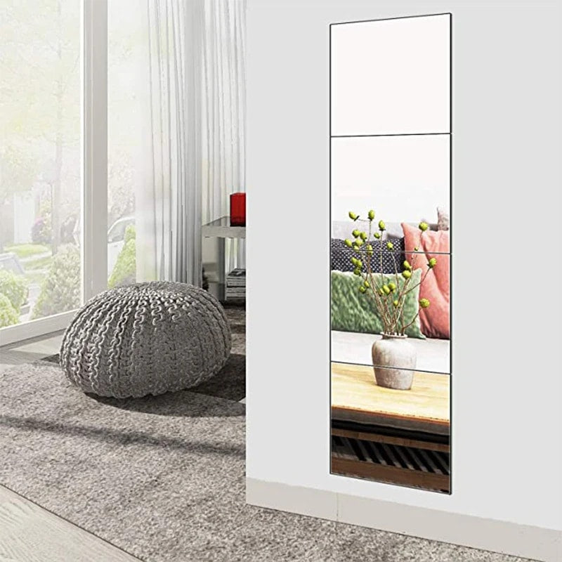 Set of four flexible acrylic mirror panels – shown in a room setting
