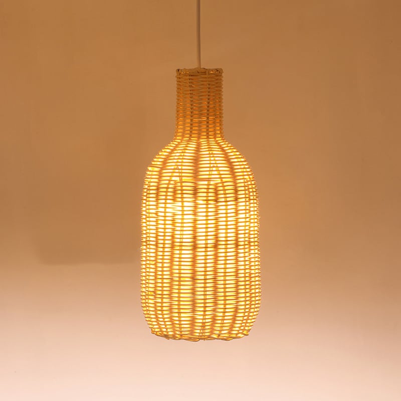Chinese village-style handwoven oval rattan and wicker pendant light – shown lit