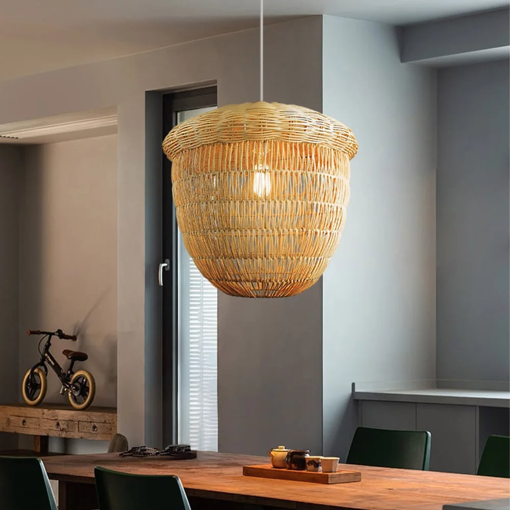 Hazelnut-shaped handwoven natural bamboo chandelier – shown in a room setting (2)