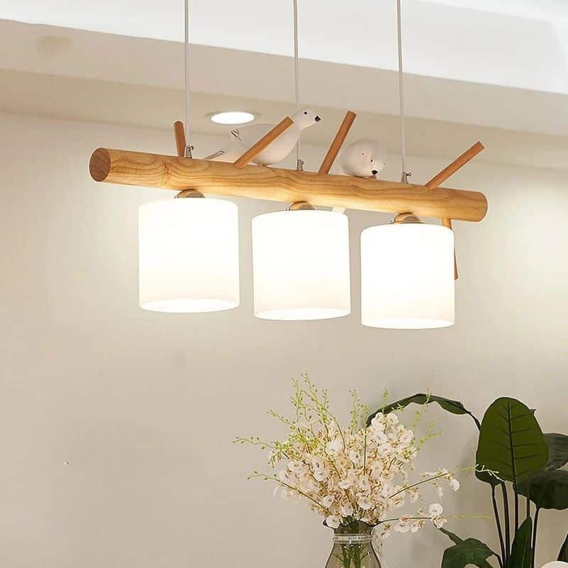 Modern geometric solid wood chandelier with a natural finish