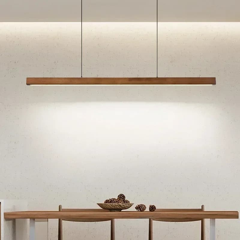 Hand-assembled geometric wood chandelier – shown in a room setting
