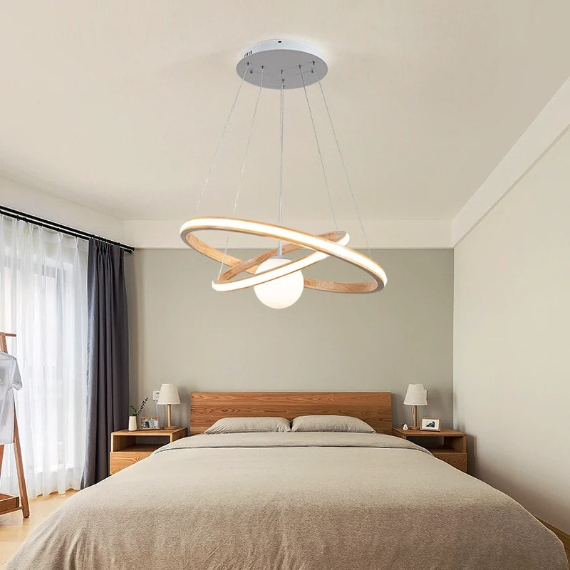 Minimalist handcrafted natural wood LED chandelier – shown in a room setting (2)