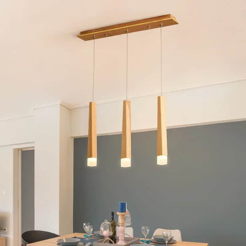 Nordic LED chandelier with natural wood arms – shown in a room setting