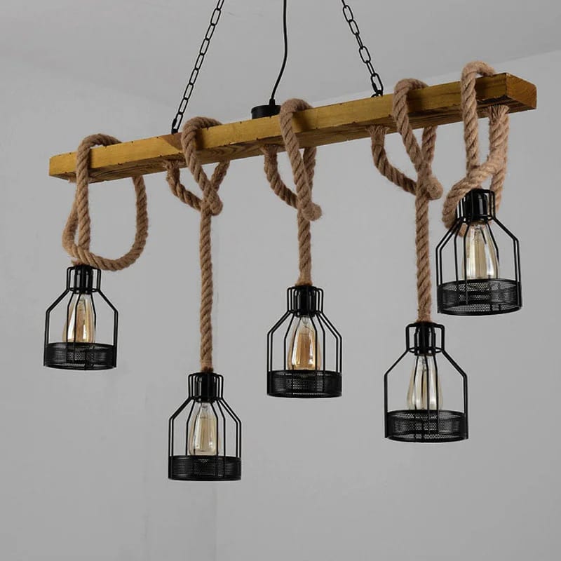Industrial chandelier in wood, aged metal and hand-knotted rope – another view