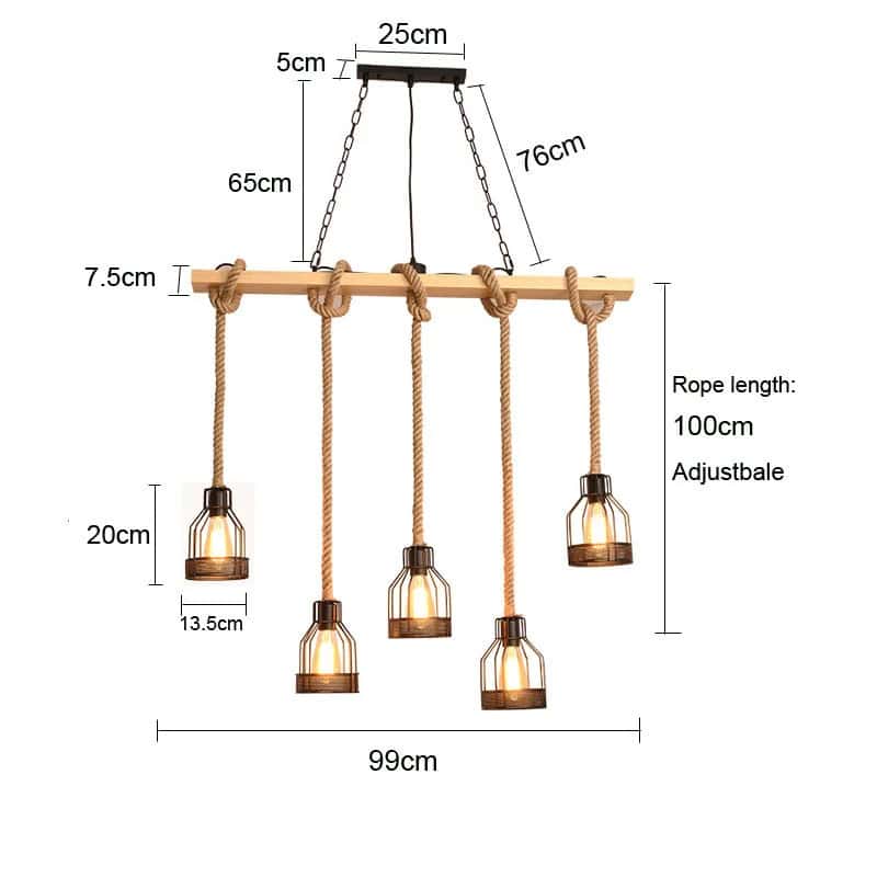 Industrial chandelier in wood, aged metal and hand-knotted rope – dimensions diagram