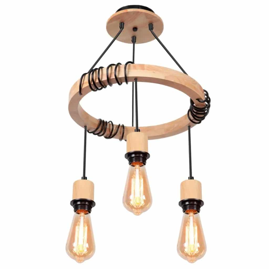 Industrial three-head LED chandelier in wood and metal