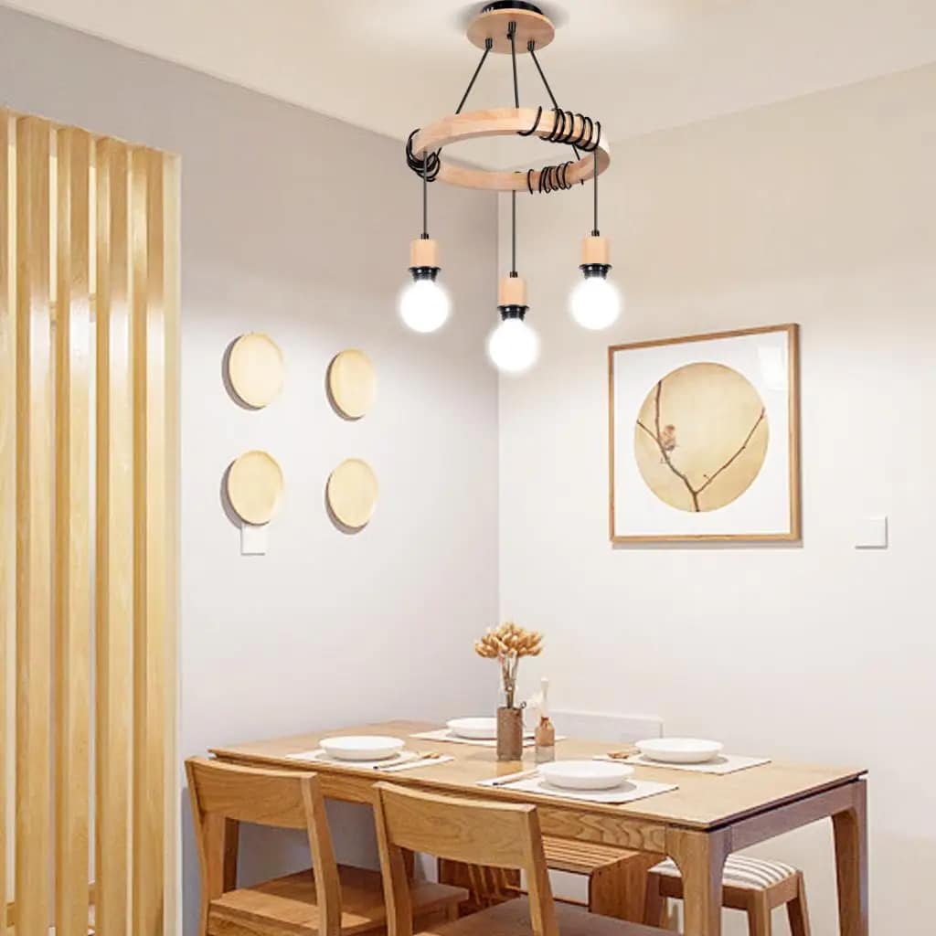 Industrial three-head LED chandelier in wood and metal – shown in a room setting (2)