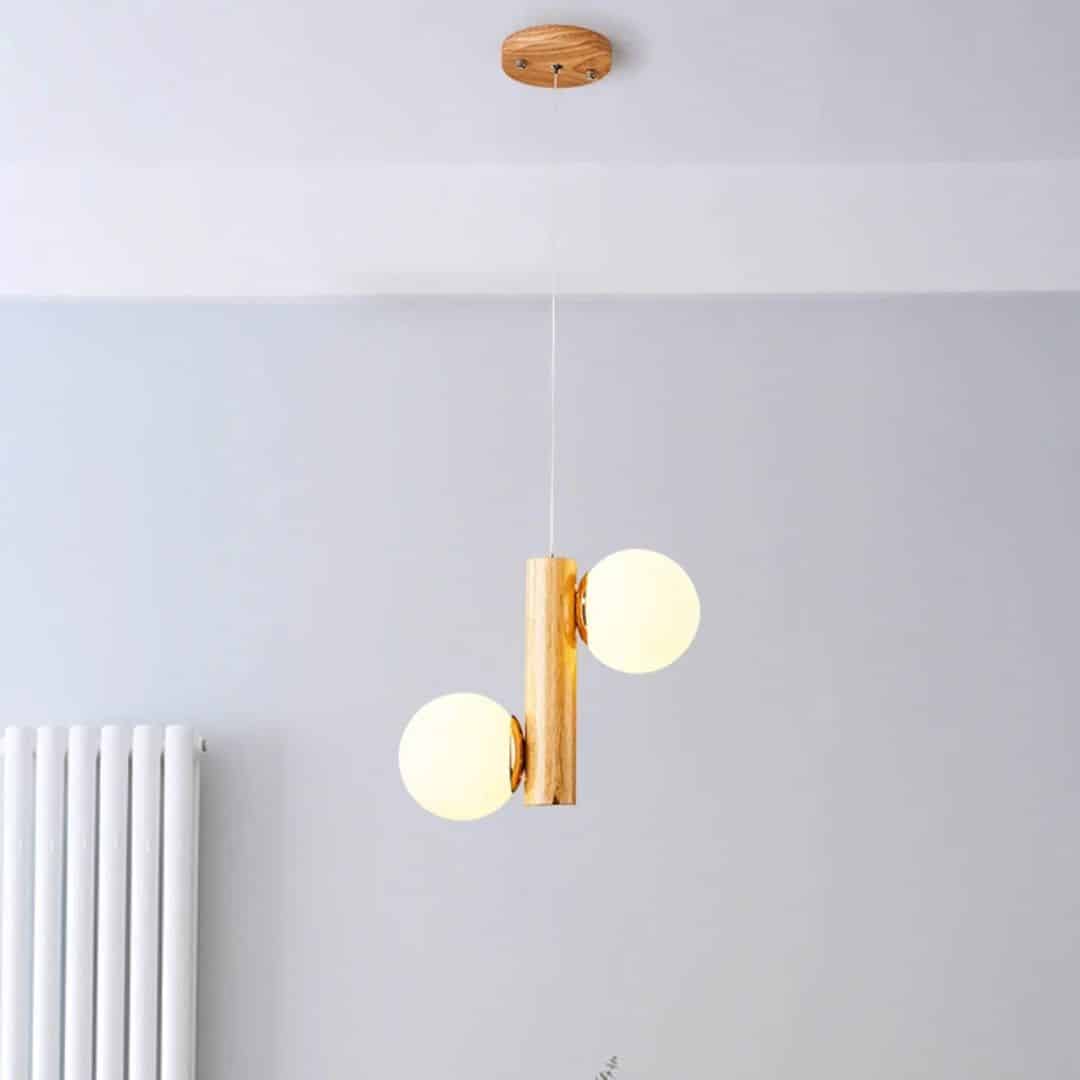 Two-globe frosted glass and wood LED chandelier