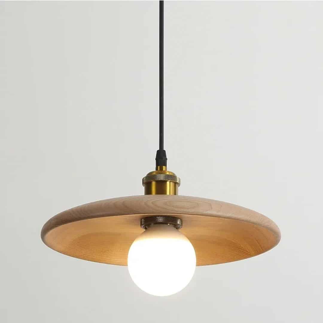 Wood ring saucer LED chandelier with a flared silhouette