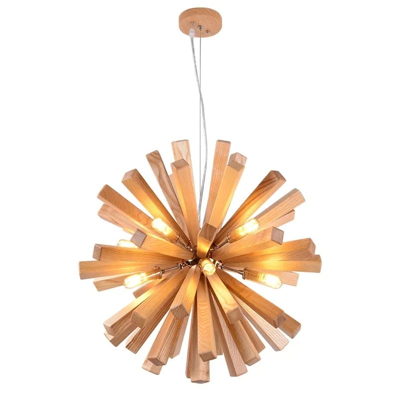 Radiating natural wood slat chandelier