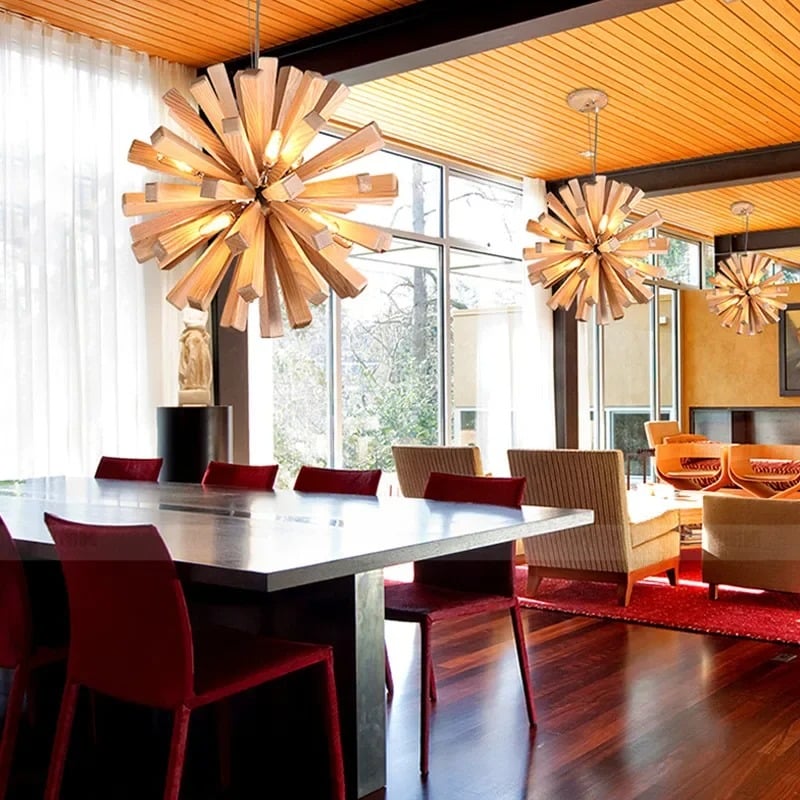 Radiating natural wood slat chandelier – shown in a room setting
