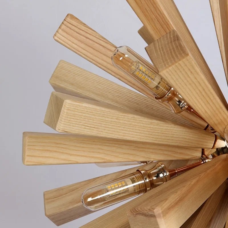 Radiating natural wood slat chandelier – close-up detail