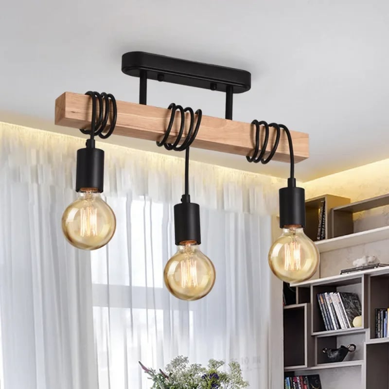 Retro three-light chandelier with patinated metal arms and turned wood sockets – black variant