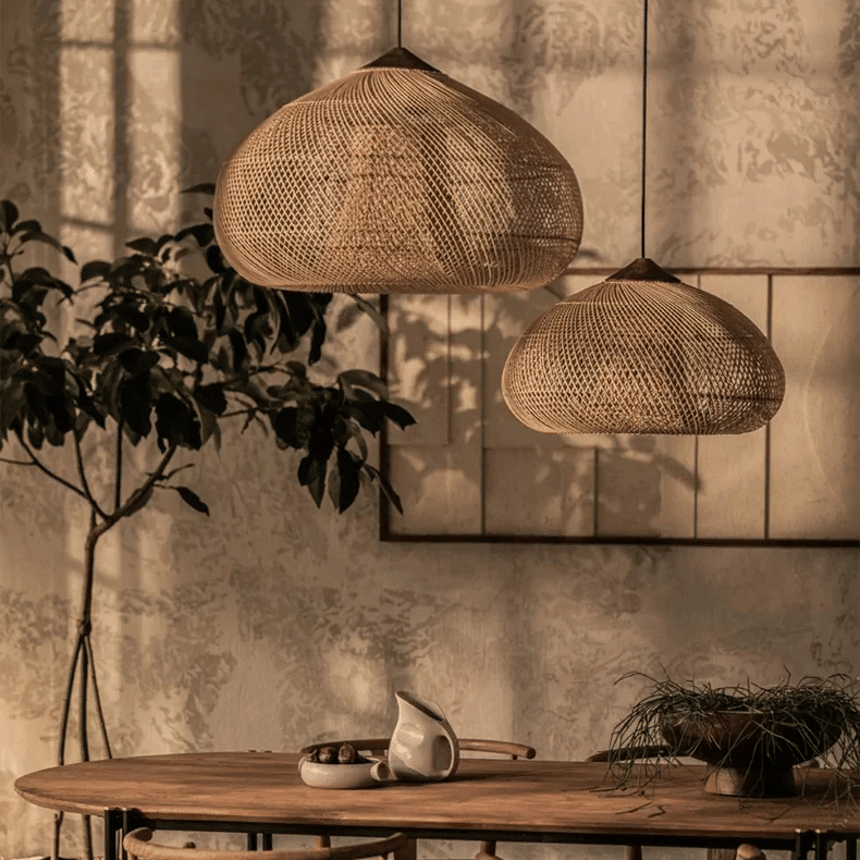 Japanese honeycomb woven straw-look chandelier – shown in a room setting
