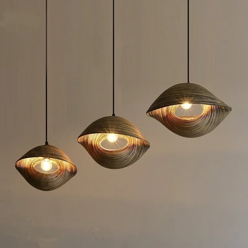 Rattan-look woven seashell chandelier – shown lit