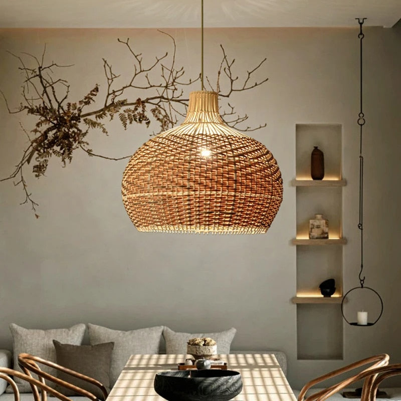 Vintage rounded wicker chandelier with integrated LED lighting – shown in a room setting