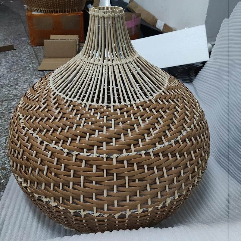 Vintage rounded wicker chandelier with integrated LED lighting – close-up detail