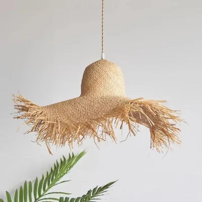 Nordic flared bell handwoven straw chandelier in natural beige