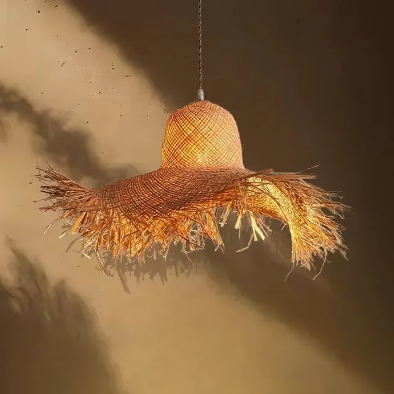 Nordic flared bell handwoven straw chandelier in natural beige – shown lit