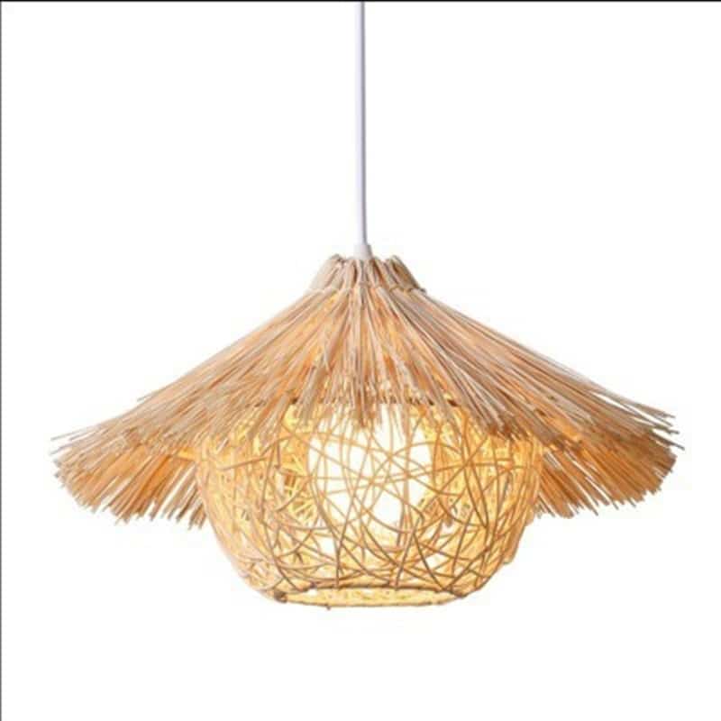 Round yellow bamboo and wood chandelier with an open circular structure