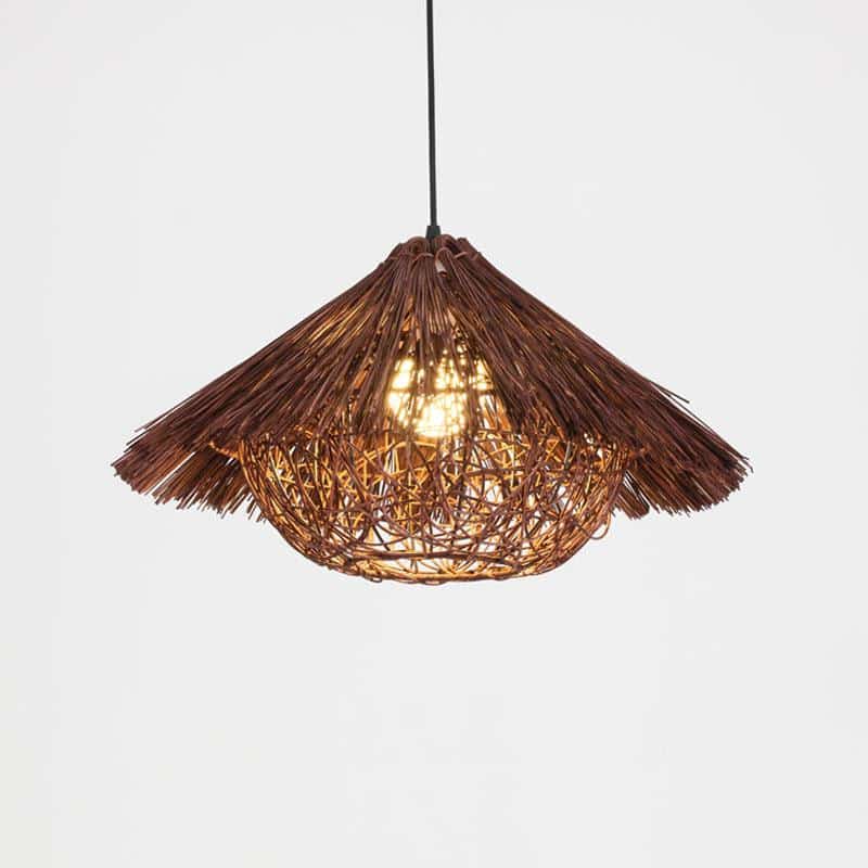 Round brown bamboo and wood chandelier with a tight weave