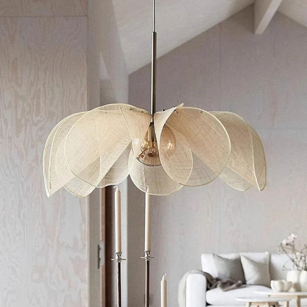 Beige fabric flower chandelier with soft petals – shown in a room setting
