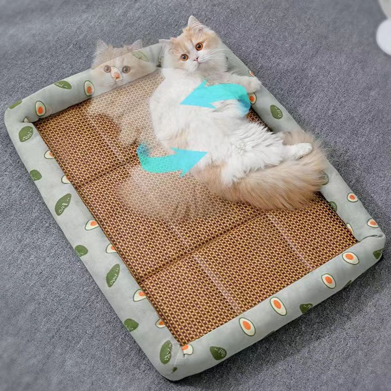 Airy summer rattan cat bed with a soft cushion – shown in a room setting (2)